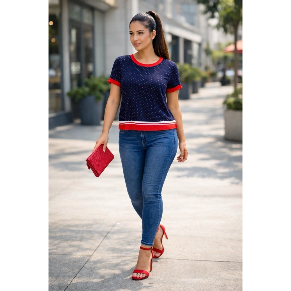 Riley & Rae Navy Polka Dot Top Size M Red Trim Ruffle Sleeve Casual Chic Blouse